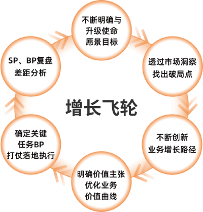 不断明确与,升级使命,愿景目标,SP、BP复盘,透过市场洞察,差距分析,找出破局点,增长飞轮,
确定关键,不断创新,任务BP,业务增长路径,打仗落地执行,明确价值主张,优化业务,价值曲线