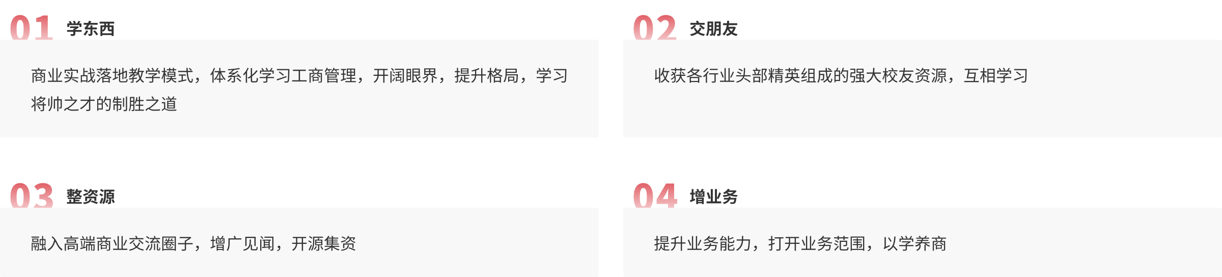 学东西
商业实战落地教学模式,体系化学习工商管理,开阔眼界,提升格局,学习将帅之才的制胜之道
整资源
融入高端商业交流圈子,增广见闻,开源集资
02交朋友
收获各行业头部精英组成的强大校友资源,互相学习
02,增业务
提升业务能力,打开业务范围,以学养商