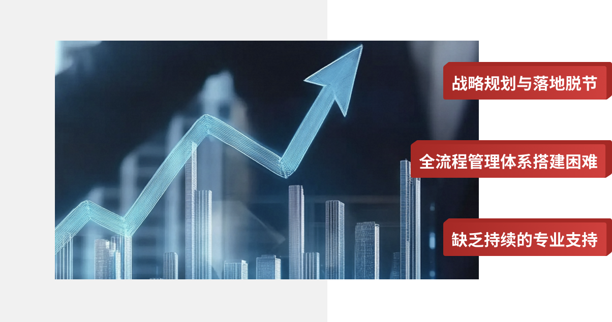 战略规划与落地脱节,全流程管理体系搭建困难,缺乏持续的专业支持
