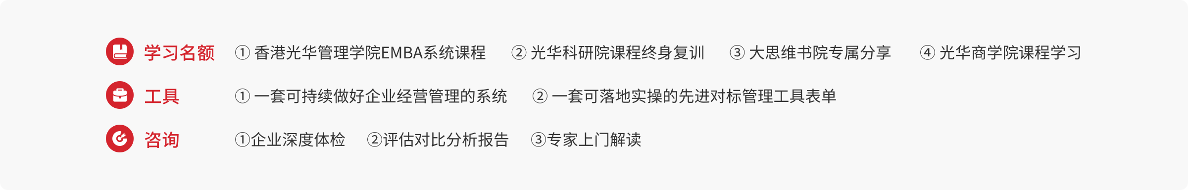 会员权益
学习名额①香港光华管理学院EMBA系统课程② 光华科研院课程终身复训③大思维书院专属分享④ 光华商学院课程学习② 一套可落地实操的先进对标管理工具表单① 一套可持续做好企业经营管理的系统①企业深度体检②评估对比分析报告③专家上门解读